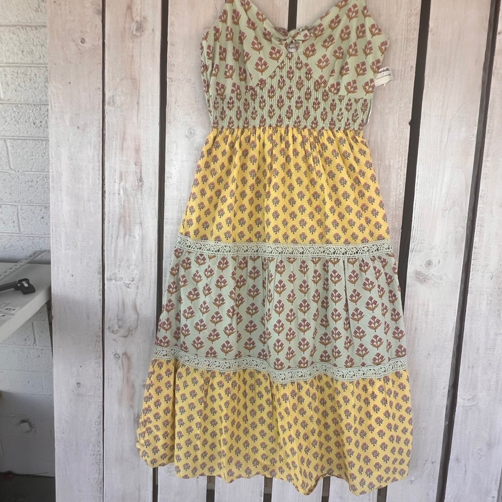 Japna Maxi Dress Womens L Yellow Green Good Floral Tiered Cotton Boho Smocked